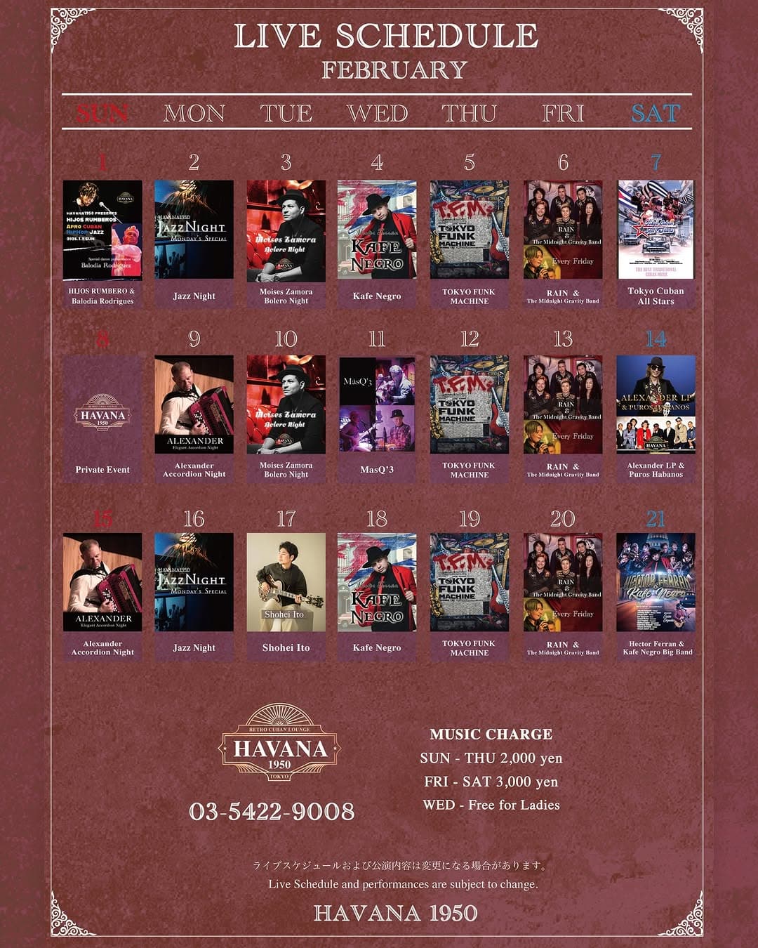 HAVANA 1950 February Live Music Schedule